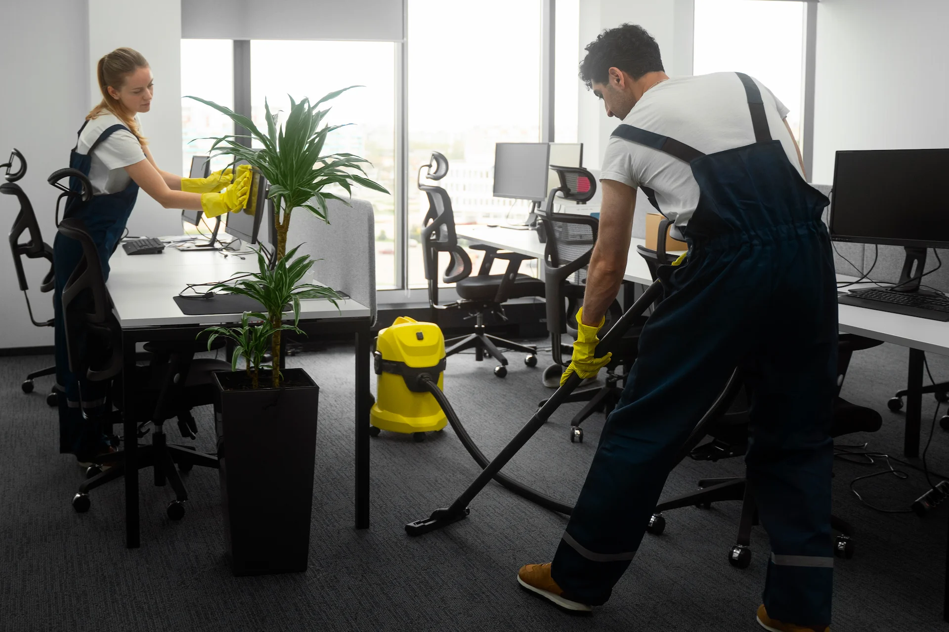 Male cleaner vacuuming carpet in a modern office, contributing to workplace hygiene.