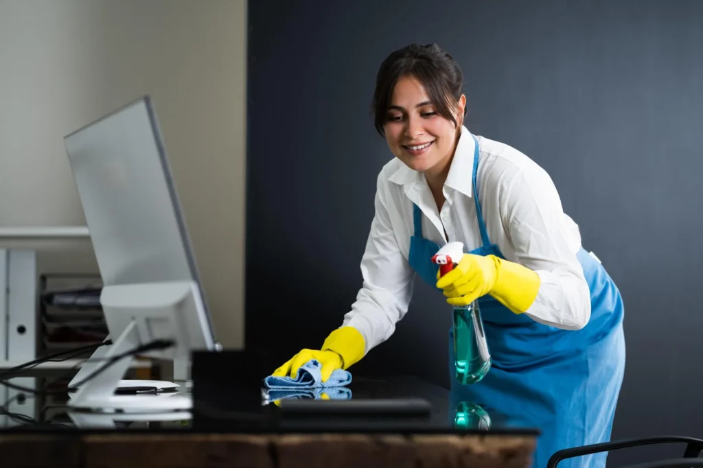 Smiling female cleaner in gloves and apron spraying and wiping a desk surface.
